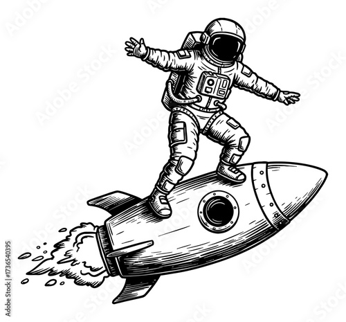 Astronaut Riding Flying Rocket Like Surfing Black and White Outline Line Art Drawing Vector Illustration