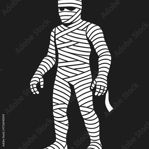 white mummy character in flat design style on black background