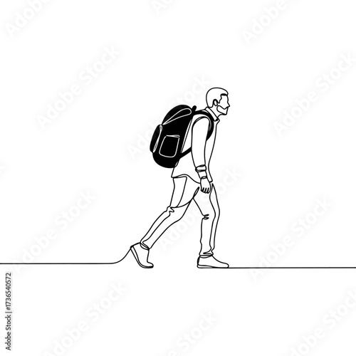 Line Art of a Man with Backpack Walking.