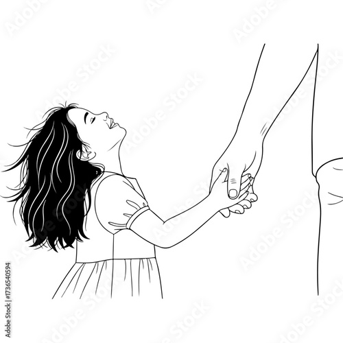 Little Girl Happily Holding Her Parents Hand Line Drawing.