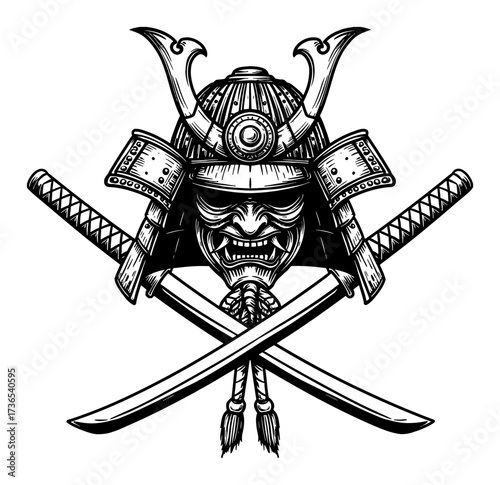 Samurai Kabuto Helmet Mask Menpo Crossed Katana Swords Black and White Outline Line Art Drawing