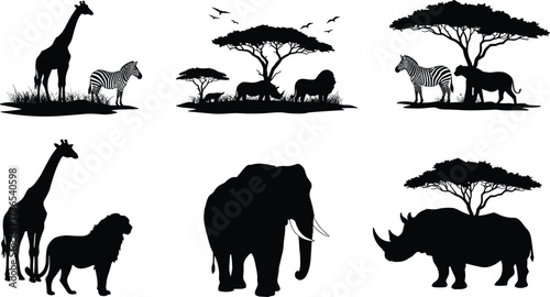 African wildlife silhouettes including elephant, rhinoceros, lion, giraffe, ostrich, savanna trees, birds, grassland habitat, safari nature vector illustration design