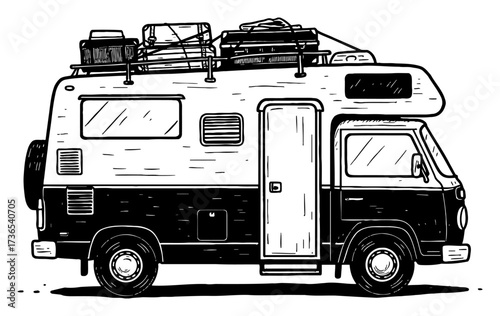 Camper Van Loaded Luggage Travel Gear Roof Rack Side View Black and White Outline Line Art Drawing