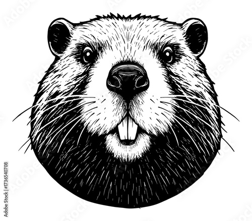 Cute Beaver Head Close Up Detailed Engraving Style Black and White Outline Line Art Drawing