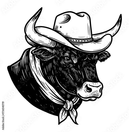 Western Rodeo Bull Mascot Head Wearing Cowboy Hat Bandana Black and White Outline Line Art Drawing