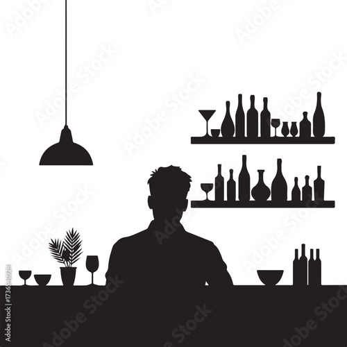 Silhouette of man at bar with bottles and glasses bartender