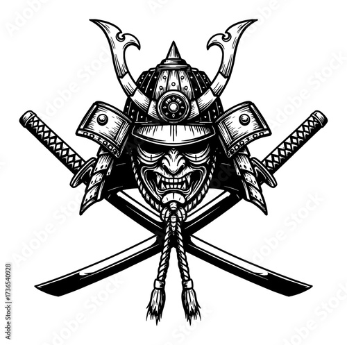 Detailed Samurai Helmet Mask with Crossed Sword Black and White Outline Line Art Drawing Vector Illustration