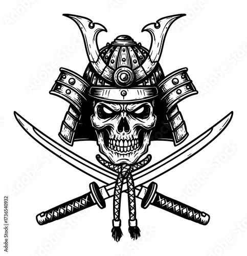 Samurai Helmet Skull Crossed Katanas Black and White Outline Line Art Drawing Fierce Warrior Icon