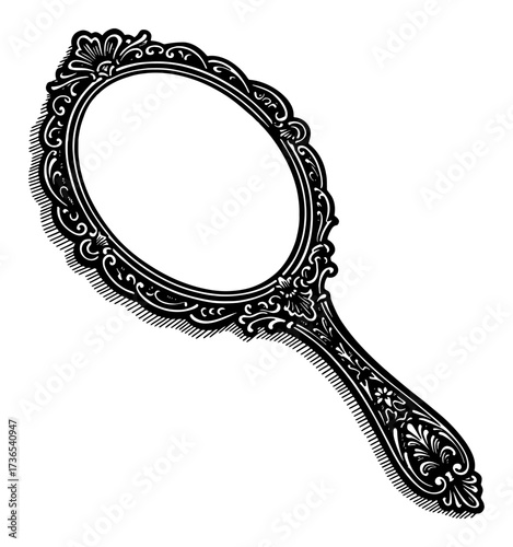 Ornate Antique Hand Mirror Black and White Outline Line Art Drawing with Detailed Decorative Frame