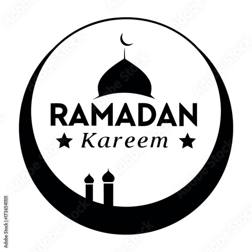 Black colour Ramadan Kareem with crescent and mosque silhouette vector illustration, solid white background (3).eps