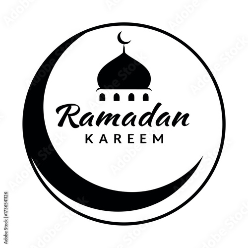 Black colour Ramadan Kareem with crescent and mosque silhouette vector illustration, solid white background (4).eps