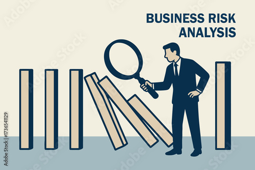 Businessman examining falling dominoes as a metaphor for business risk analysis