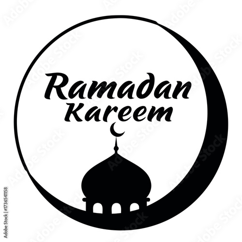 Black colour Ramadan Kareem with crescent and mosque silhouette vector illustration, solid white background (6).eps