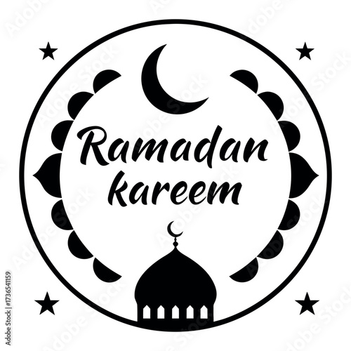 Black colour Ramadan Kareem with crescent and mosque silhouette vector illustration, solid white background (5).eps