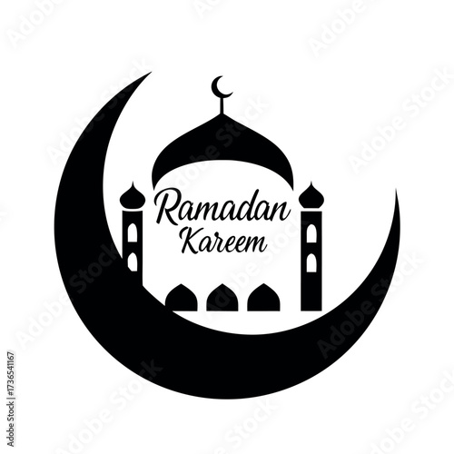 Black colour Ramadan Kareem with crescent and mosque silhouette vector illustration, solid white background (8).eps