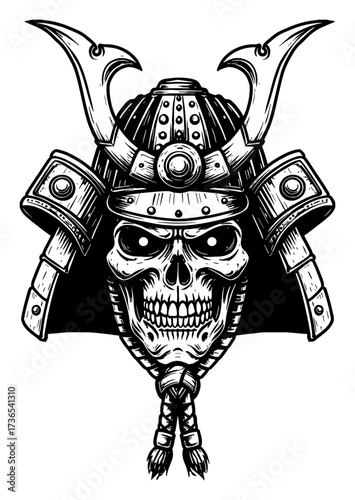 Samurai Helmet Skull with Glowing Eyes Detailed Woodcut Style Black and White Outline Line Art Drawing