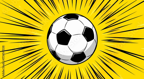 A dynamic poster soccer ball football sport illustration, pop art vector with sunburst for a championship tournament