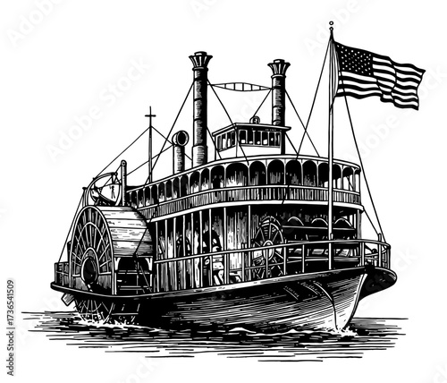 Vintage Paddle Steamer Riverboat with American Flag Black and White Outline Line Art Drawing Engraving Style