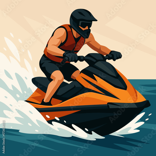 man riding orange jet ski on blue water in flat design style