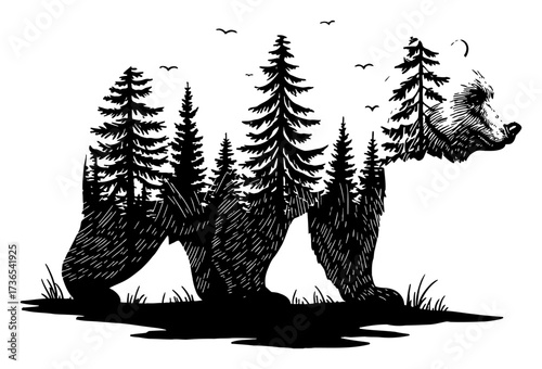 Majestic Bear Silhouette with Forest Tree Double Exposure Inside Black and White Outline Line Art Drawing