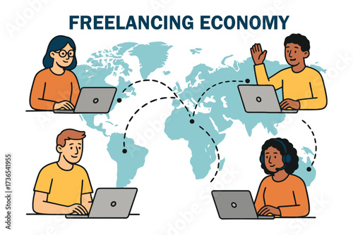 Global freelancing economy connecting people across the world with laptops