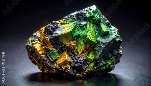 Uranium ore is a dense, dark-colored rock that can show green, yellow, or brown
