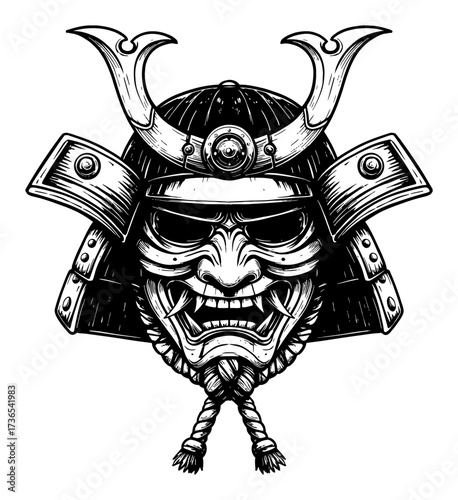 Detailed Samurai Mask Helmet Menpo Kabuto Black and White Outline Line Art Drawing Isolated Vector Illustration