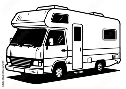 Detailed Old Style Class C Camper Van RV Transport Vehicle Black and White Outline Line Art Drawing