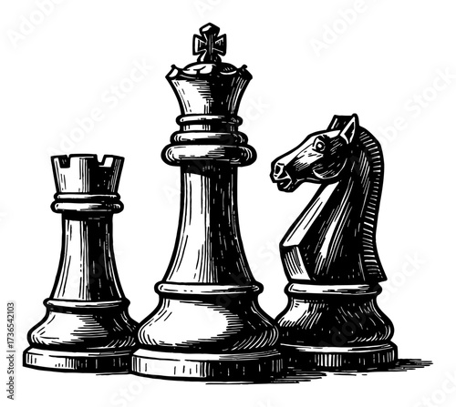 Rook King and Knight Chess Pieces Standing Together Vintage Black and White Outline Line Art Drawing
