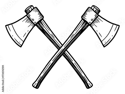 Crossed Axes Vintage Engraving Style Black and White Outline Line Art Drawing Woodcut Symbol