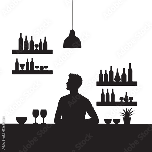 Silhouette of man at bar with bottles and glasses bartender