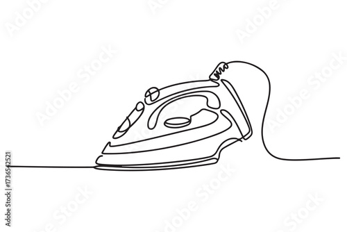 Continuous one line drawing of an iron with visible cord, representing neatness and care of clothes. one line Icon drawing with white background