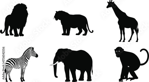 Black and white African wildlife animal silhouette vector illustration featuring lion, tiger, giraffe, zebra, elephant, monkey jungle nature design