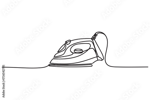 Continuous one line drawing of an iron with visible cord, representing neatness and care of clothes. one line Icon drawing with white background