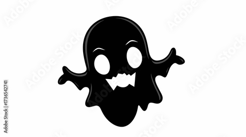 Black ghost cartoon with a smiling face and outstretched arms on a white background.