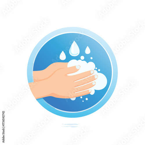 Illustration of hands washing with soap and water inside a blue circle for hygiene