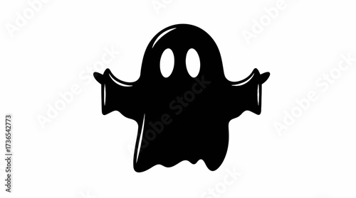A black ghost with yellow eyes and raised hands against a white background.