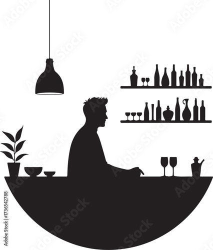 Silhouette of man at bar with bottles and glasses counter