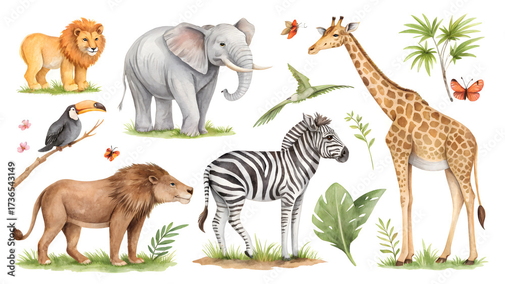 Obraz premium Vibrant watercolor safari animals collection featuring lion elephant zebra giraffe toucan and lush greenery