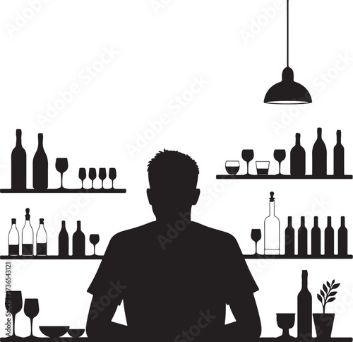 Silhouette of man at bar with bottles and glasses counter