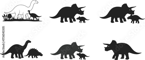 Black and white dinosaur family silhouette vector illustration featuring Triceratops, Brachiosaurus, Stegosaurus with baby dinosaurs in prehistoric wildlife nature design
