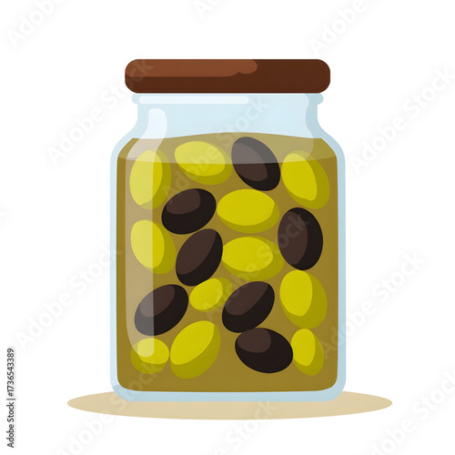 Glass jar filled with black and green olives in brine, culinary illustration
