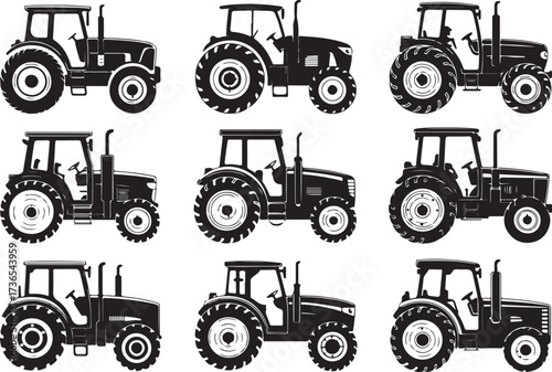 Powerful farm tractor silhouettes for agriculture projects
