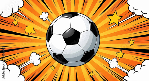 Pop art soccer ball illustration on a comic background with sunburst rays for a sport football tournament match