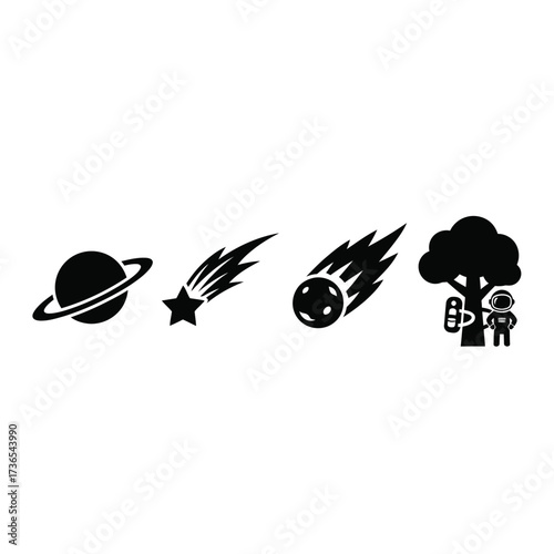Black and white icons of a planet, comets, and an astronaut by a tree.