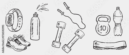 Hand drawn sport fitness posters with gym equipment. Vector sketch illustration in vintage crayon charcoal style. Dumbbells, fitness tracker, jumping rope, water bottle, kettlebell and elastic band.