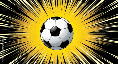 Dynamic soccer ball football sport illustration with pop art sunburst, a retro style vector for championship victory