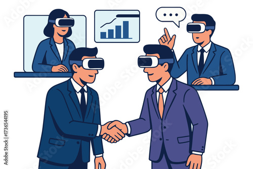 Business professionals collaborating and meeting in virtual reality headsets