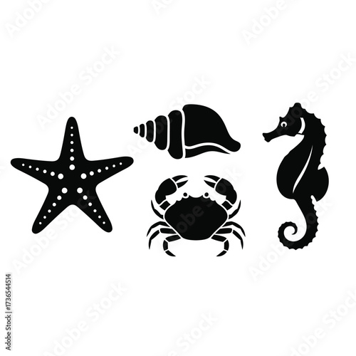 Black silhouettes of various sea creatures including a starfish, conch shell, crab, and seahorse on a white background.