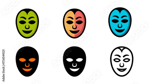 Vector art of six stylized masks with different expressions and colors